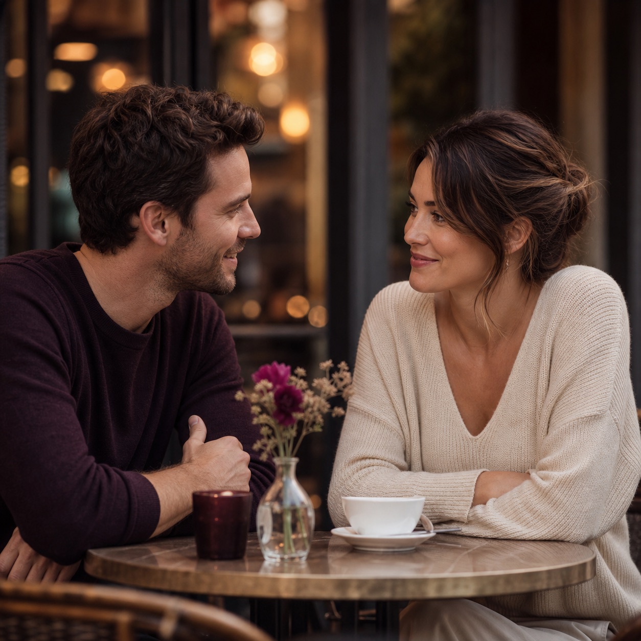 Two adults sharing a calm, attentive conversation over coffee.