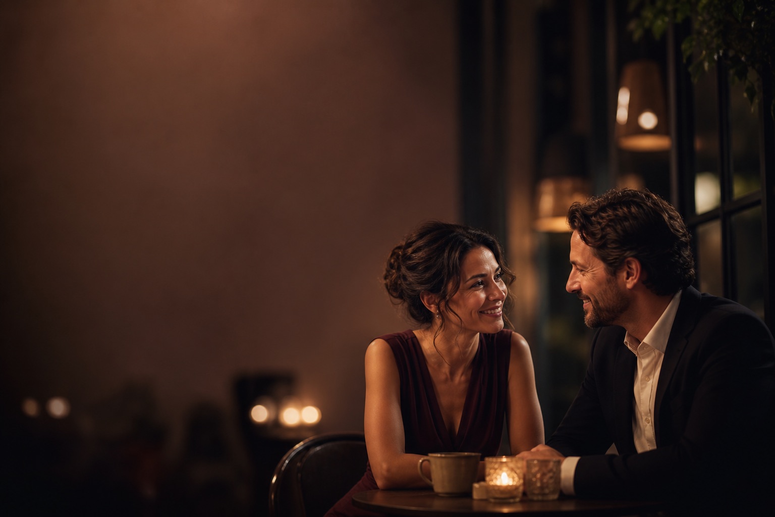 A woman and man leaning into a warm, attentive first-date conversation.
