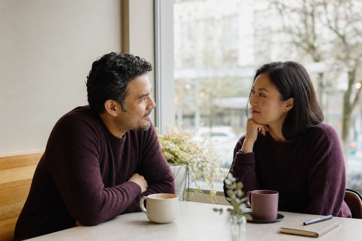 Two adults listening closely to each other over coffee.