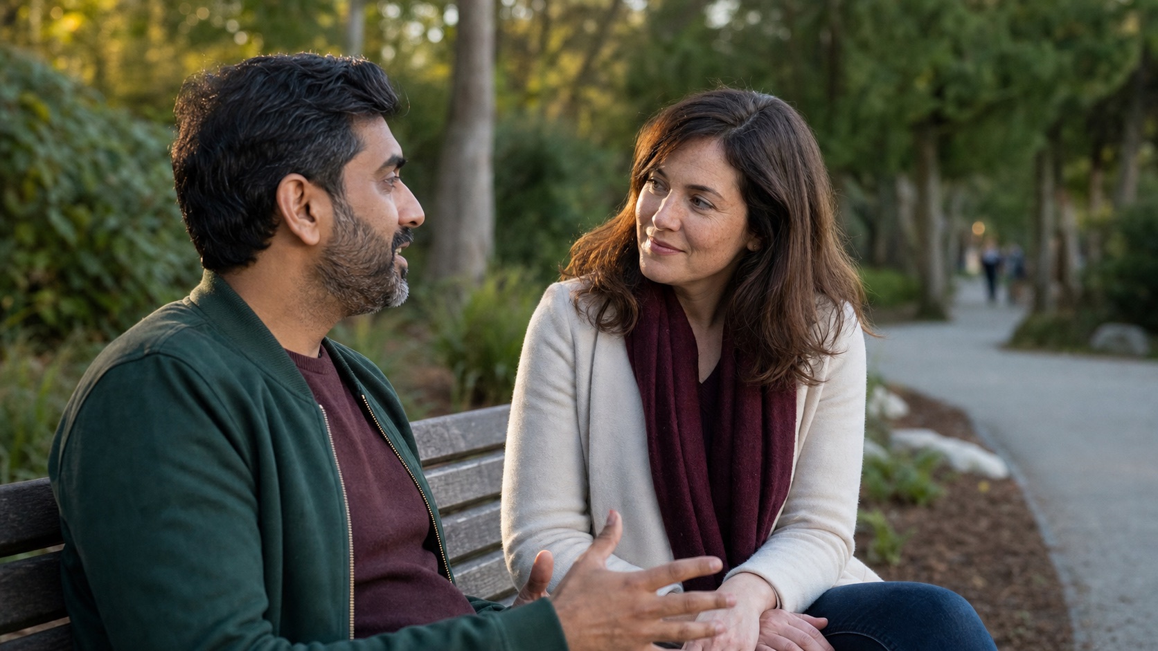 Two adults having a calm, thoughtful conversation in a public park.