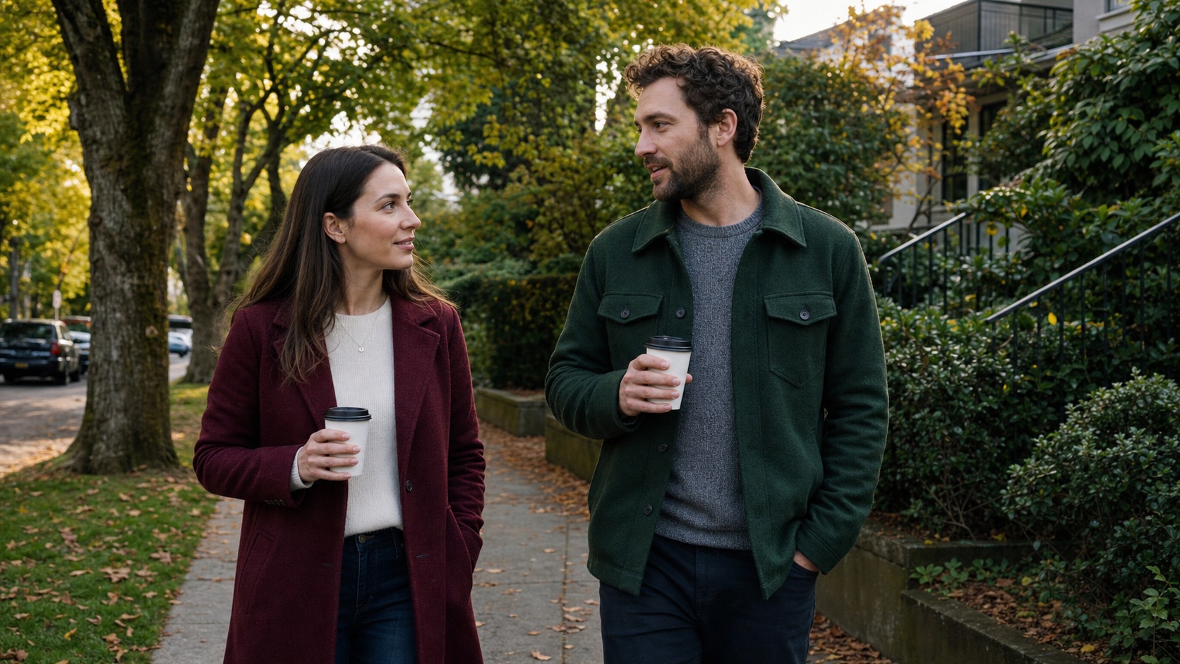 A woman and a man sharing a warm, unhurried conversation while walking together.