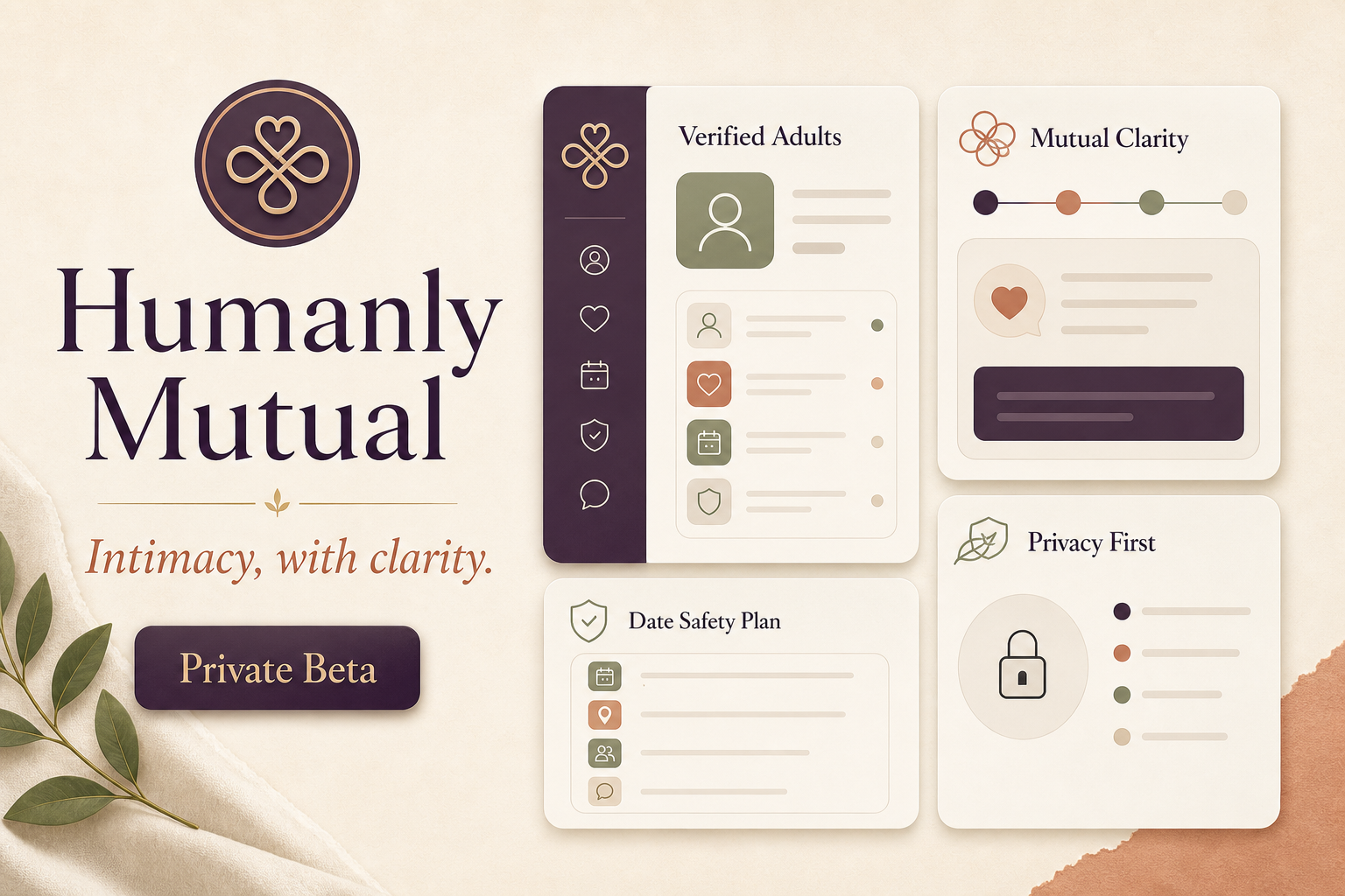Humanly Mutual social preview with product UI cards for verified adults, mutual clarity, date safety plan, privacy first, and private beta.